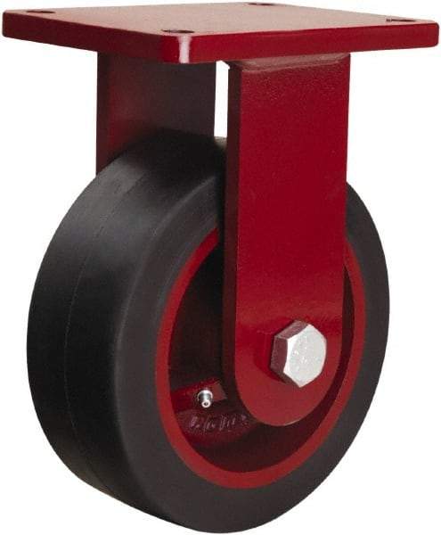 Hamilton - 8" Diam x 3" Wide x 10-1/2" OAH Top Plate Mount Rigid Caster - Rubber Mold on Cast Iron, 840 Lb Capacity, Straight Roller Bearing, 5-1/2 x 7-1/2" Plate - Benchmark Tooling