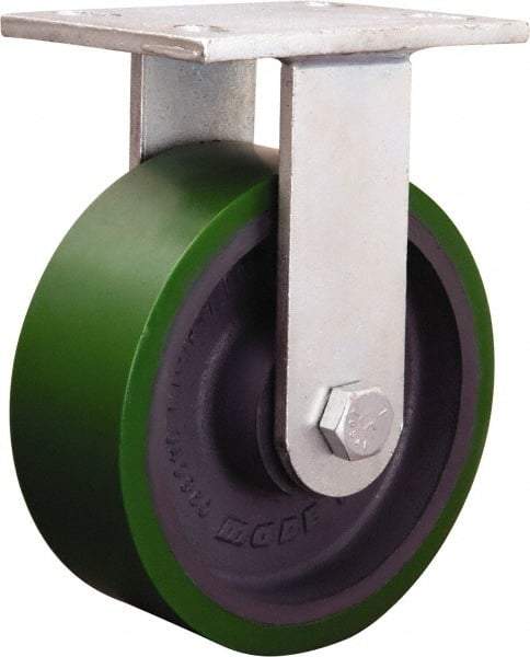 Hamilton - 7-7/8" Diam x 1-3/4" Wide x 8-15/16" OAH Top Plate Mount Rigid Caster - Cast Iron, 3,000 Lb Capacity, Straight Roller Bearing, 5-1/4 x 7-1/4" Plate - Benchmark Tooling