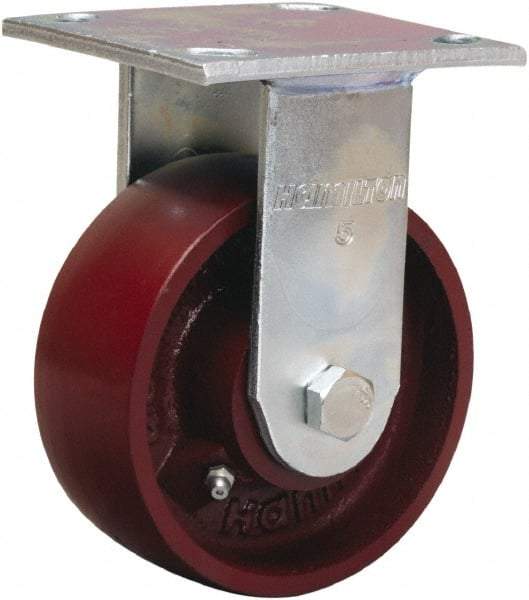 Hamilton - 5" Diam x 2" Wide x 7" OAH Top Plate Mount Rigid Caster - Cast Iron, 1,250 Lb Capacity, Precision Ball Bearing, 4 x 4-1/2" Plate - Benchmark Tooling