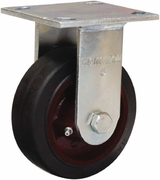 Hamilton - 4" Diam x 2" Wide x 5-5/8" OAH Top Plate Mount Rigid Caster - Rubber Mold on Cast Iron, Straight Roller Bearing, 4 x 4-1/2" Plate - Benchmark Tooling