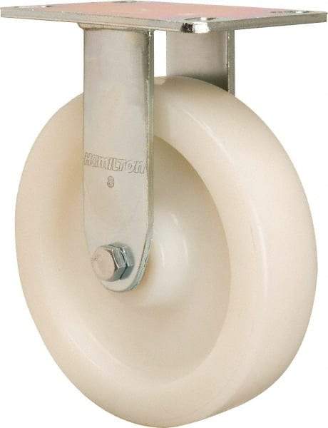 Hamilton - 8" Diam x 2" Wide x 9-1/2" OAH Top Plate Mount Rigid Caster - Nylon, 1,500 Lb Capacity, Precision Ball Bearing, 4-1/2 x 6-1/4" Plate - Benchmark Tooling
