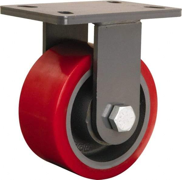 Hamilton - 6" Diam x 3" Wide x 7-3/4" OAH Top Plate Mount Rigid Caster - Polyurethane Mold onto Cast Iron Center, 2,400 Lb Capacity, Tapered Roller Bearing, 5 x 7" Plate - Benchmark Tooling