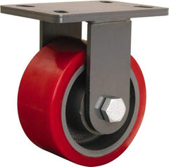 Hamilton - 6" Diam x 3" Wide x 7-3/4" OAH Top Plate Mount Rigid Caster - Polyurethane Mold onto Cast Iron Center, 2,400 Lb Capacity, Sealed Precision Ball Bearing, 5 x 7" Plate - Benchmark Tooling