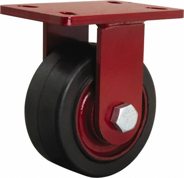 Hamilton - 6" Diam x 3" Wide x 7-1/2" OAH Top Plate Mount Rigid Caster - Rubber Mold on Cast Iron, 680 Lb Capacity, Straight Roller Bearing, 5 x 7" Plate - Benchmark Tooling