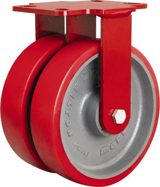 Hamilton - 8" Diam x 2" Wide x 9-3/4" OAH Top Plate Mount Rigid Caster - Polyurethane Mold onto Cast Iron Center, 2,500 Lb Capacity, Sealed Precision Ball Bearing, 4-1/2 x 6-1/2" Plate - Benchmark Tooling