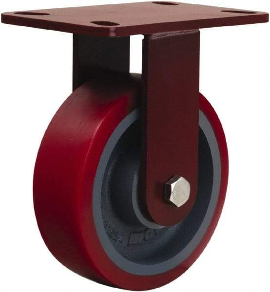 Hamilton - 6" Diam x 2" Wide x 7-3/4" OAH Top Plate Mount Rigid Caster - Polyurethane Mold onto Cast Iron Center, 1,400 Lb Capacity, Tapered Roller Bearing, 4-1/2 x 6-1/2" Plate - Benchmark Tooling