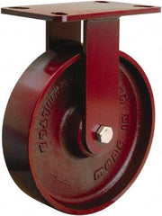 Hamilton - 8" Diam x 2" Wide x 9-3/4" OAH Top Plate Mount Rigid Caster - Cast Iron, 1,500 Lb Capacity, Sealed Precision Ball Bearing, 4-1/2 x 6-1/2" Plate - Benchmark Tooling
