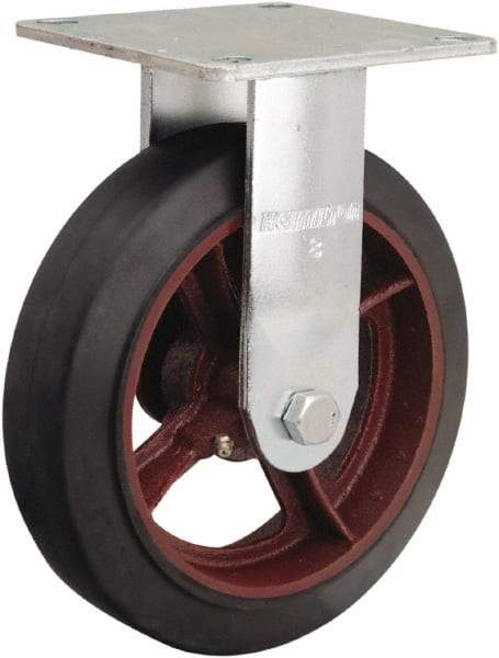 Hamilton - 8" Diam x 2" Wide x 9-1/2" OAH Top Plate Mount Rigid Caster - Rubber Mold on Cast Iron, 500 Lb Capacity, Straight Roller Bearing, 5 x 5-1/2" Plate - Benchmark Tooling