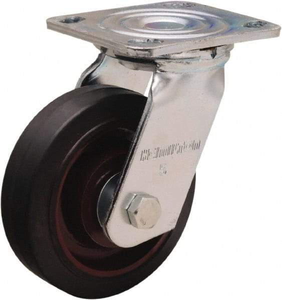 Hamilton - 5" Diam x 1-1/2" Wide x 6-1/8" OAH Top Plate Mount Swivel Caster - Rubber Mold on Cast Iron, 240 Lb Capacity, Straight Roller Bearing, 4 x 4-1/2" Plate - Benchmark Tooling