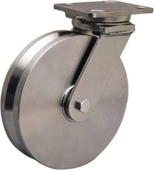 Hamilton - 8" Diam x 2" Wide, Stainless Steel Swivel Caster - 1,600 Lb Capacity, Top Plate Mount, 4" x 5" Plate, Delrin Bearing - Benchmark Tooling