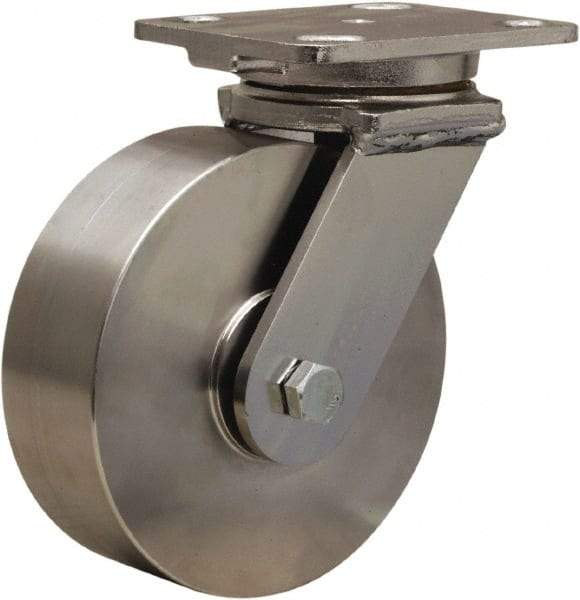 Hamilton - 6" Diam x 2" Wide x 7-1/2" OAH Top Plate Mount Swivel Caster - Forged Steel, 1,200 Lb Capacity, Stainless Steel Double Shielded Precision Ball Bearing, 4 x 5" Plate - Benchmark Tooling