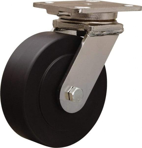 Hamilton - 6" Diam x 2" Wide x 7-1/2" OAH Top Plate Mount Swivel Caster - Nylon, 1,600 Lb Capacity, Stainless Steel Double Shielded Precision Ball Bearing, 4 x 5" Plate - Benchmark Tooling