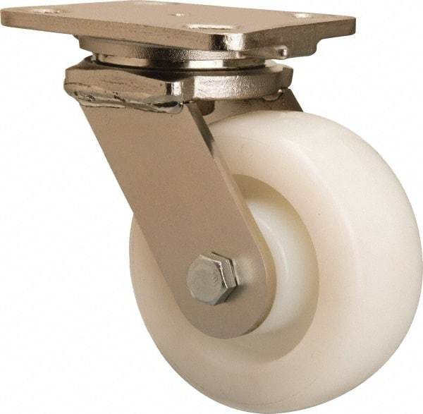 Hamilton - 5" Diam x 2" Wide x 6-1/2" OAH Top Plate Mount Swivel Caster - Nylon, 900 Lb Capacity, Stainless Steel Double Shielded Precision Ball Bearing, 4 x 5" Plate - Benchmark Tooling