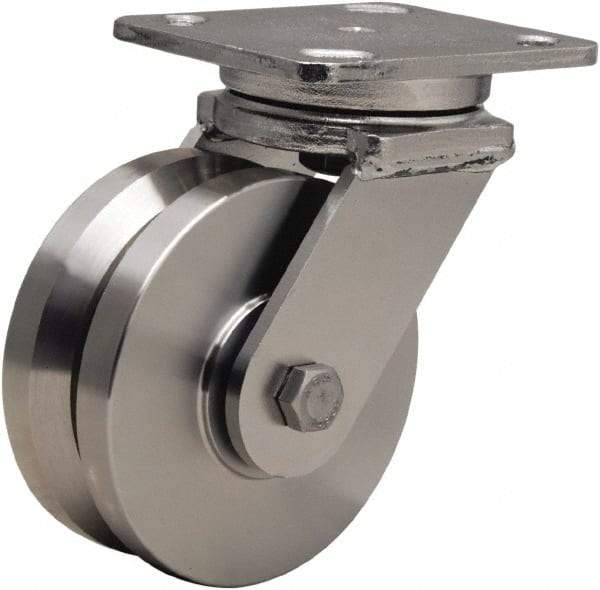 Hamilton - 5" Diam x 2" Wide, Stainless Steel Swivel Caster - 950 Lb Capacity, Top Plate Mount, 4" x 5" Plate, Delrin Bearing - Benchmark Tooling