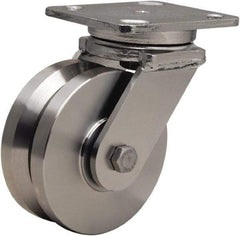 Hamilton - 5" Diam x 2" Wide, Stainless Steel Swivel Caster - 950 Lb Capacity, Top Plate Mount, 4" x 5" Plate, Delrin Bearing - Benchmark Tooling