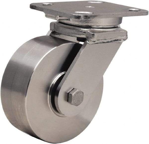 Hamilton - 5" Diam x 2" Wide x 6-1/2" OAH Top Plate Mount Swivel Caster - Forged Steel, 950 Lb Capacity, Stainless Steel Double Shielded Precision Ball Bearing, 4 x 5" Plate - Benchmark Tooling