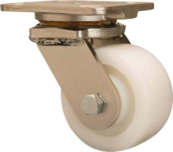 Hamilton - 4" Diam x 2" Wide x 5-5/8" OAH Top Plate Mount Swivel Caster - Nylon, 800 Lb Capacity, Stainless Steel Double Shielded Precision Ball Bearing, 4 x 5" Plate - Benchmark Tooling