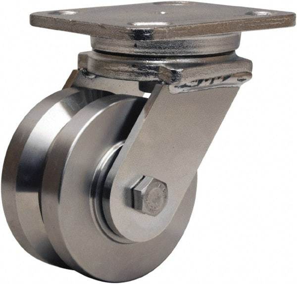 Hamilton - 4" Diam x 2" Wide, Stainless Steel Swivel Caster - 850 Lb Capacity, Top Plate Mount, 4" x 5" Plate, Stainless Steel Precision Ball Bearing - Benchmark Tooling