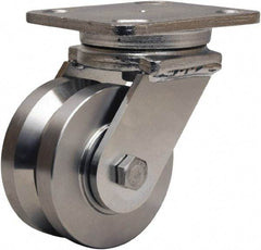 Hamilton - 4" Diam x 2" Wide, Stainless Steel Swivel Caster - 850 Lb Capacity, Top Plate Mount, 4" x 5" Plate, Delrin Bearing - Benchmark Tooling
