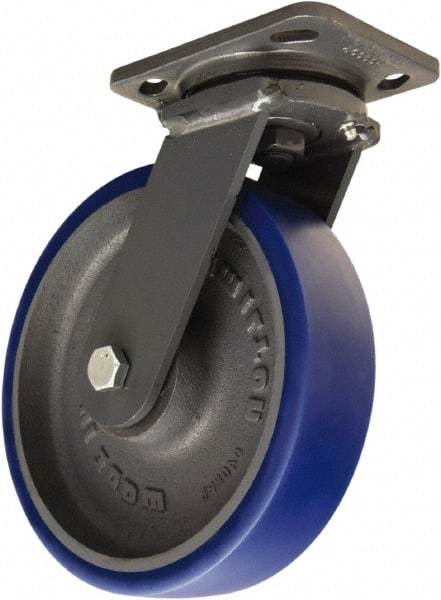 Hamilton - 8" Diam x 2" Wide x 9-1/2" OAH Top Plate Mount Swivel Caster - Polyurethane Mold onto Cast Iron Center, 1,200 Lb Capacity, Tapered Roller Bearing, 4 x 5" Plate - Benchmark Tooling