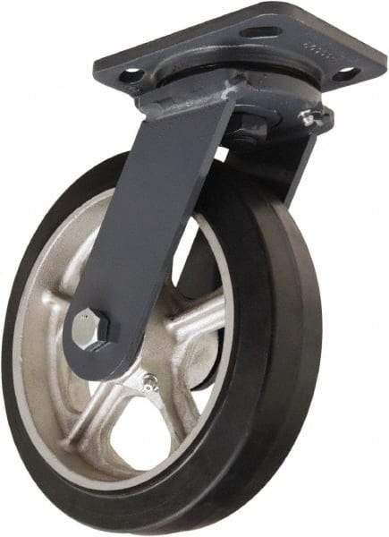 Hamilton - 8" Diam x 2" Wide x 9-1/2" OAH Top Plate Mount Swivel Caster - Rubber Mold on Cast Iron, 500 Lb Capacity, Tapered Roller Bearing, 4 x 5" Plate - Benchmark Tooling