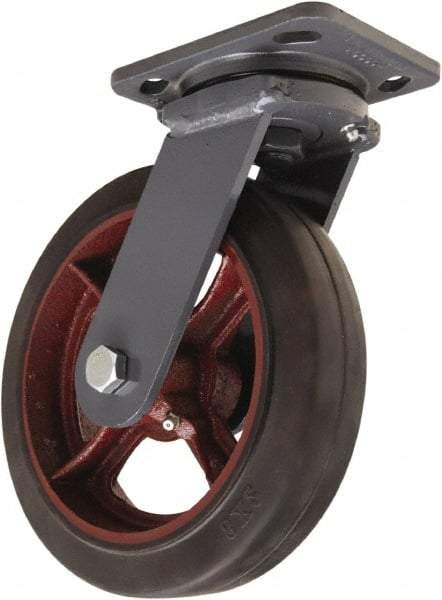 Hamilton - 8" Diam x 2" Wide x 9-1/2" OAH Top Plate Mount Swivel Caster - Rubber Mold on Cast Iron, 500 Lb Capacity, Straight Roller Bearing, 4 x 5" Plate - Benchmark Tooling