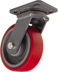 Hamilton - 6" Diam x 2" Wide x 7-1/2" OAH Top Plate Mount Swivel Caster - Polyurethane Mold onto Cast Iron Center, 1,400 Lb Capacity, Sealed Precision Ball Bearing, 4 x 5" Plate - Benchmark Tooling