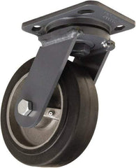 Hamilton - 6" Diam x 2" Wide x 7-1/2" OAH Top Plate Mount Swivel Caster - Rubber Mold on Cast Iron, 410 Lb Capacity, Tapered Roller Bearing, 4 x 5" Plate - Benchmark Tooling