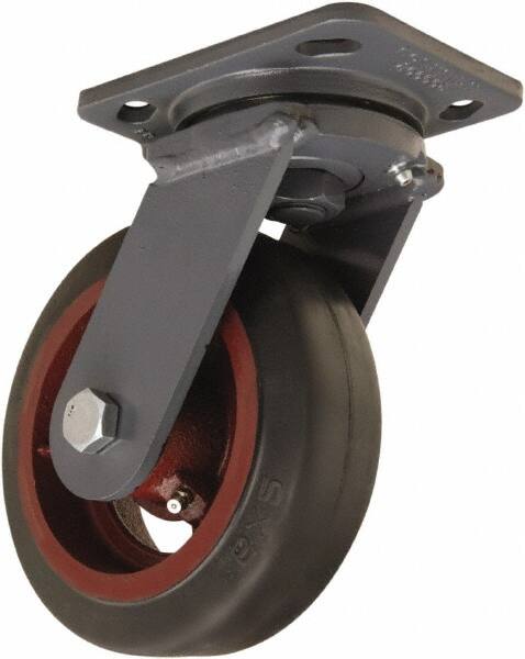 Hamilton - 6" Diam x 2" Wide x 7-1/2" OAH Top Plate Mount Swivel Caster - Rubber Mold on Cast Iron, 410 Lb Capacity, Straight Roller Bearing, 4 x 5" Plate - Benchmark Tooling