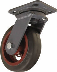 Hamilton - 6" Diam x 2" Wide x 7-1/2" OAH Top Plate Mount Swivel Caster - Rubber Mold on Cast Iron, 410 Lb Capacity, Straight Roller Bearing, 4 x 5" Plate - Benchmark Tooling