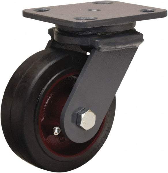 Hamilton - 5" Diam x 2" Wide x 6-1/2" OAH Top Plate Mount Swivel Caster - Rubber Mold on Cast Iron, 350 Lb Capacity, Straight Roller Bearing, 4 x 5" Plate - Benchmark Tooling