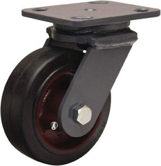 Hamilton - 5" Diam x 2" Wide x 6-1/2" OAH Top Plate Mount Swivel Caster - Rubber Mold on Cast Iron, 350 Lb Capacity, Straight Roller Bearing, 4 x 5" Plate - Benchmark Tooling