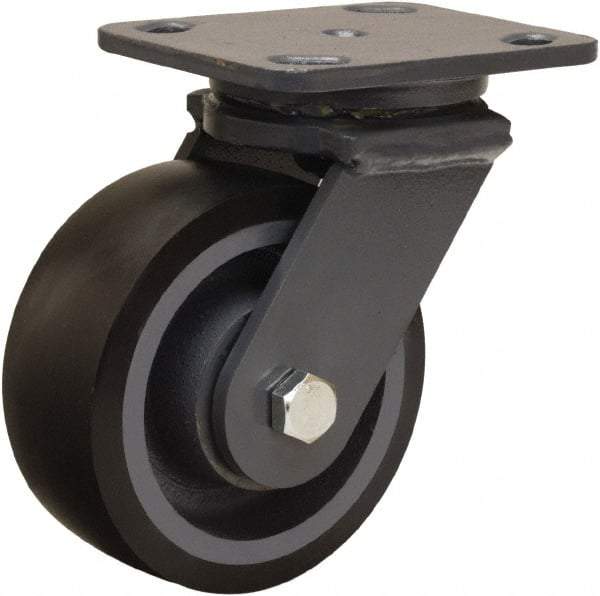 Hamilton - 5" Diam x 2" Wide x 6-1/2" OAH Top Plate Mount Swivel Caster - Polyurethane Mold onto Cast Iron Center, 1,360 Lb Capacity, Sealed Precision Ball Bearing, 4 x 5" Plate - Benchmark Tooling