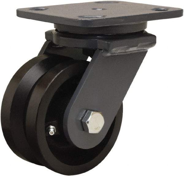 Hamilton - 4" Diam x 2" Wide, Iron Swivel Caster - 800 Lb Capacity, Top Plate Mount, 4" x 5" Plate, Straight Roller Bearing - Benchmark Tooling