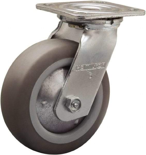 Hamilton - 6" Diam x 2" Wide x 7-1/2" OAH Top Plate Mount Swivel Caster - Rubber Mold on Polyolefin, 410 Lb Capacity, Straight Roller Bearing, 4 x 4-1/2" Plate - Benchmark Tooling