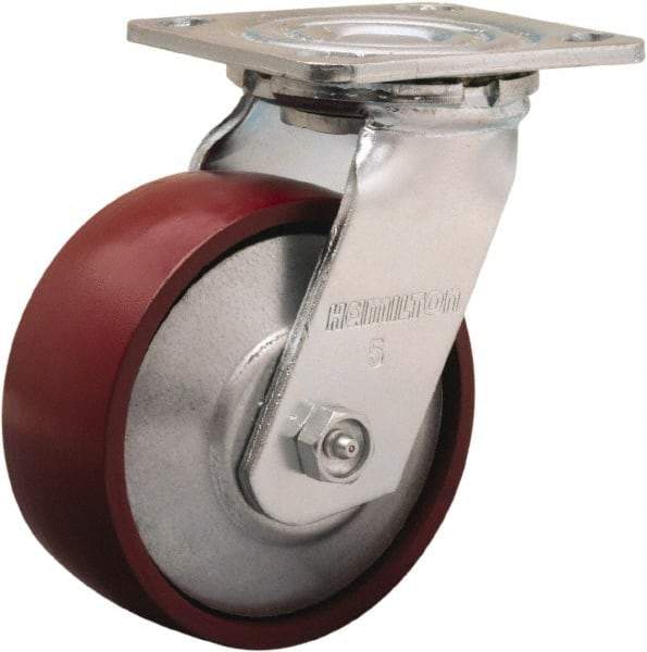 Hamilton - 5" Diam x 2" Wide x 6-1/2" OAH Top Plate Mount Swivel Caster - Cast Iron, 900 Lb Capacity, Sealed Precision Ball Bearing, 4 x 4-1/2" Plate - Benchmark Tooling