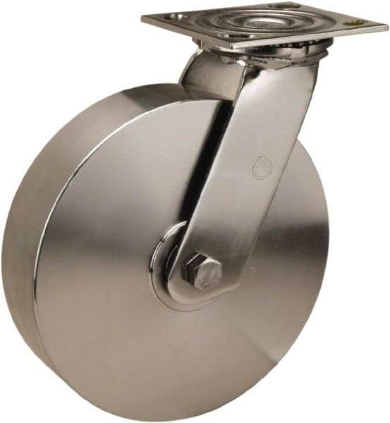 Hamilton - 8" Diam x 2" Wide x 9-1/2" OAH Top Plate Mount Swivel Caster - Forged Steel, 800 Lb Capacity, Delrin Bearing, 3-3/4 x 4-1/2" Plate - Benchmark Tooling