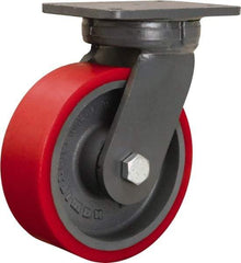 Hamilton - 8" Diam x 3" Wide x 10-1/2" OAH Top Plate Mount Swivel Caster - Polyurethane Mold on Forged Steel, 4,200 Lb Capacity, Precision Ball Bearing, 5-1/4 x 7-1/4" Plate - Benchmark Tooling