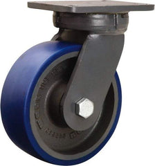 Hamilton - 8" Diam x 3" Wide x 10-1/2" OAH Top Plate Mount Swivel Caster - Polyurethane Mold onto Cast Iron Center, 2,000 Lb Capacity, Precision Tapered Roller Bearing, 5-1/4 x 7-1/4" Plate - Benchmark Tooling