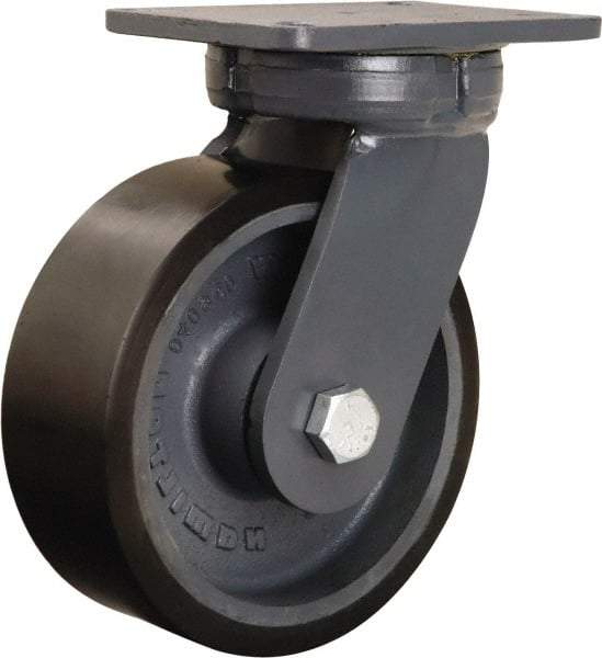 Hamilton - 8" Diam x 3" Wide x 10-1/2" OAH Top Plate Mount Swivel Caster - Polyurethane Mold onto Cast Iron Center, 3,250 Lb Capacity, Sealed Precision Ball Bearing, 5-1/4 x 7-1/4" Plate - Benchmark Tooling