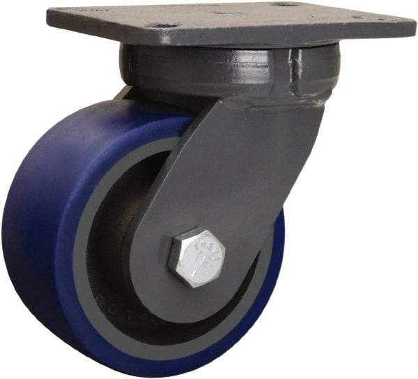 Hamilton - 6" Diam x 3" Wide x 8" OAH Top Plate Mount Swivel Caster - Polyurethane Mold onto Cast Iron Center, 1,800 Lb Capacity, Sealed Precision Ball Bearing, 5-1/4 x 7-1/4" Plate - Benchmark Tooling