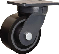 Hamilton - 6" Diam x 3" Wide x 8" OAH Top Plate Mount Swivel Caster - Polyurethane Mold onto Cast Iron Center, 2,860 Lb Capacity, Tapered Roller Bearing, 5-1/4 x 7-1/4" Plate - Benchmark Tooling
