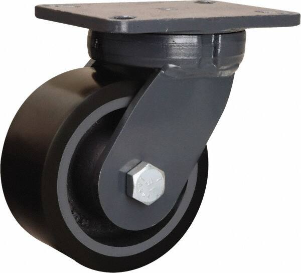 Hamilton - 6" Diam x 3" Wide x 8" OAH Top Plate Mount Swivel Caster - Polyurethane Mold onto Cast Iron Center, 2,860 Lb Capacity, Sealed Precision Ball Bearing, 5-1/4 x 7-1/4" Plate - Benchmark Tooling