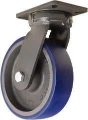 Hamilton - 10" Diam x 3" Wide x 12-1/2" OAH Top Plate Mount Swivel Caster - Polyurethane Mold onto Cast Iron Center, 2,400 Lb Capacity, Precision Tapered Roller Bearing, 5-1/4 x 7-1/4" Plate - Benchmark Tooling