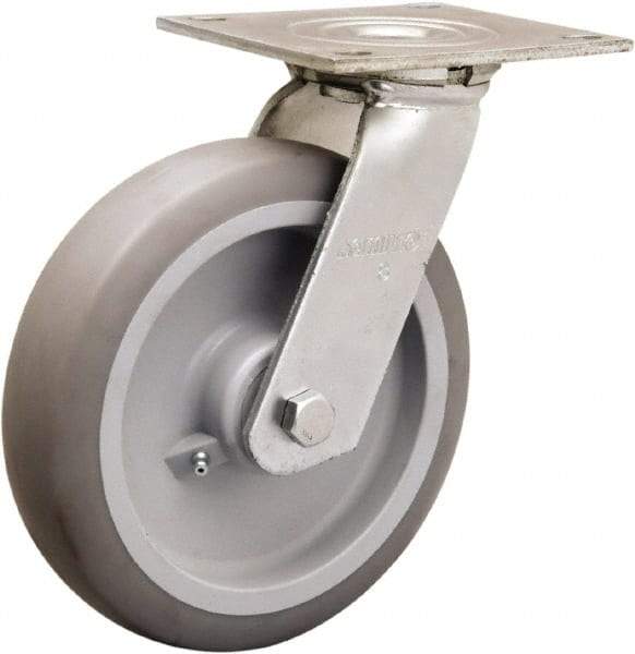 Hamilton - 8" Diam x 2" Wide x 9-1/2" OAH Top Plate Mount Swivel Caster - Rubber Mold on Polyolefin, 500 Lb Capacity, Straight Roller Bearing, 5 x 5-1/2" Plate - Benchmark Tooling