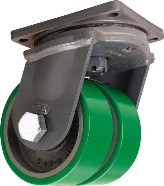 Hamilton - 8" Diam x 3" Wide x 11" OAH Top Plate Mount Dual Swivel Caster - Polyurethane Mold onto Cast Iron Center, 5,000 Lb Capacity, Tapered Roller Bearing, 8-1/2 x 8-1/2" Plate - Benchmark Tooling