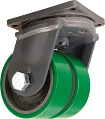 Hamilton - 8" Diam x 3" Wide x 11" OAH Top Plate Mount Dual Swivel Caster - Polyurethane Mold onto Cast Iron Center, 5,000 Lb Capacity, Tapered Roller Bearing, 8-1/2 x 8-1/2" Plate - Benchmark Tooling