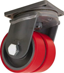 Hamilton - 10" Diam x 3" Wide x 13" OAH Top Plate Mount Dual Swivel Caster - Polyurethane Mold on Forged Steel, 7,200 Lb Capacity, Tapered Roller Bearing, 8-1/2 x 8-1/2" Plate - Benchmark Tooling