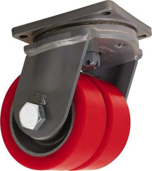 Hamilton - 8" Diam x 3" Wide x 11" OAH Top Plate Mount Dual Swivel Caster - Polyurethane Mold on Forged Steel, 8,400 Lb Capacity, Tapered Roller Bearing, 8-1/2 x 8-1/2" Plate - Benchmark Tooling