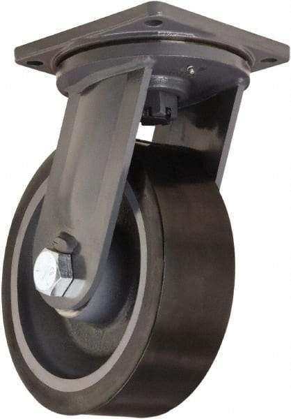 Hamilton - 12" Diam x 4" Wide x 15-1/2" OAH Top Plate Mount Swivel Caster - Polyurethane Mold on Forged Steel, 7,800 Lb Capacity, Tapered Roller Bearing, 8-1/2 x 8-1/2" Plate - Benchmark Tooling